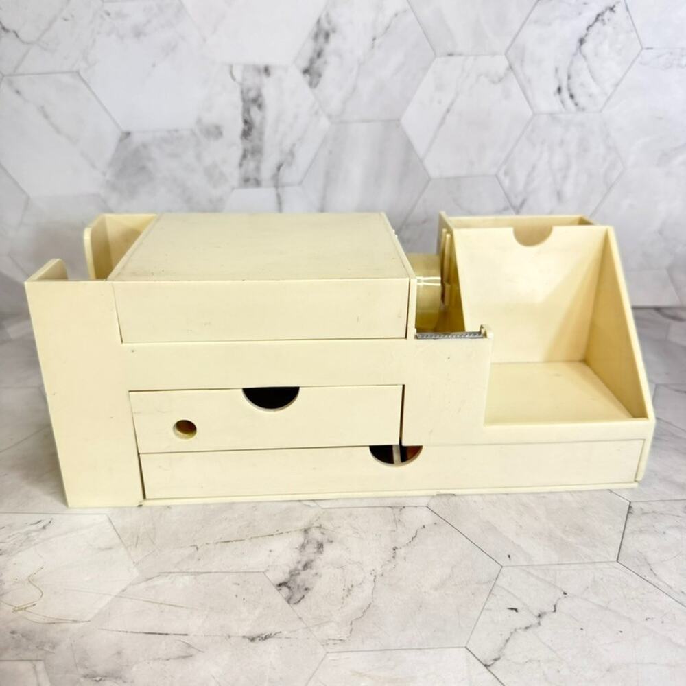 Vintage Plastic Desk Caddy MCM Tape Dispenser Address Cards Sharpener Hong Kong